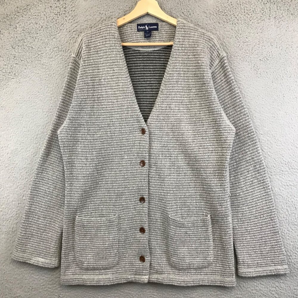 Ralph Lauren Cream and Gray Ribbed Button-Front Cardigan